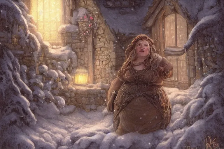 Prompt: A hearty nice chubby dwarven woman at her home looking through the window at a snowstorm outside, highly detailed complex braided hair, realistic, beautiful, fantasy art, dungeons and dragons, lord of the rings, in the style of rebecca guay and thomas kinkade, illustration, very cozy, fantasy, intricate, hyper detailed, artstation, concept art, smooth, sharp focus, ray tracing, vibrant