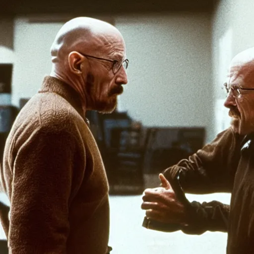 Image similar to old jonathan banks kissing walter white, movie still