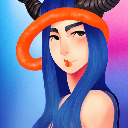 Image similar to illustrated portrait of ram-horned devil woman with blue bob hairstyle and her tangerine colored skin and with solid black eyes wearing leather by rossdraws