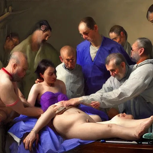 Image similar to by wlop 4 k resolution, blue - violet curvaceous. a beautiful photograph of a team of surgeons gathered around a patient on an operating table, with one surgeon in the process of cutting into the patient's chest. the photograph is full of intense colors & brushstrokes, conveying the urgency & intensity of the surgery.