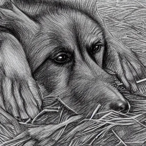 Prompt: super detailed drawing of aof a dog gnawing a hay lying on the grass surrounded by roots