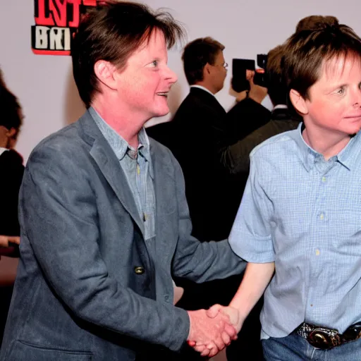 Prompt: Michael J. Fox shakes hands with Michael J. Fox