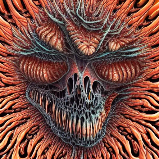 Image similar to Hyper detailed painting of an inhuman horrid fractal abomination covered in endless teeth as it devoures souls.