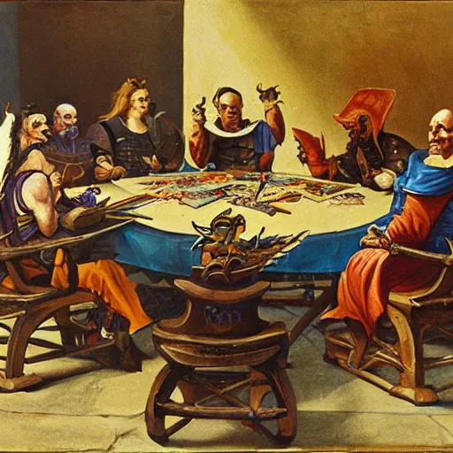 Prompt: dragons sitting around a table playing dnd, painting by cassius marcellus coolidge