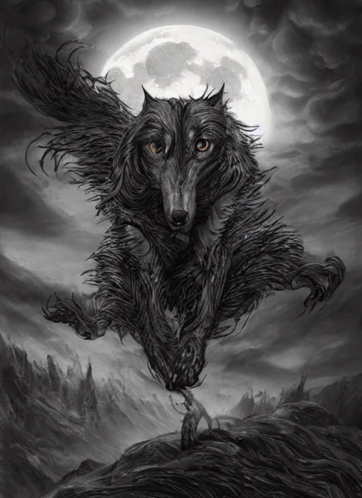 Image similar to a dachshund werewolf transforming under a full moon, dark colors, sinister atmosphere, dramatic lighting, cinematic, establishing shot, extremely high detail, photo realistic, cinematic lighting, pen and ink, intricate line drawings, by Yoshitaka Amano, Ruan Jia, Kentaro Miura, Artgerm, post processed, concept art, artstation, matte painting, style by eddie mendoza, raphael lacoste, alex ross