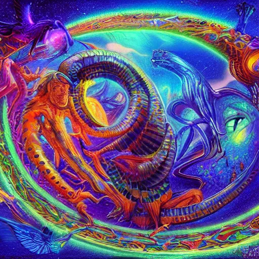 Image similar to dmt trip puzzle serpent mathematical object metaverse by raymond swanland, highly detailed, bright tones