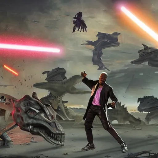 Image similar to mace windu holding a lightsaber fighting a group of dinosaurs in a destroyed cyberpunk city with lasers flying through the air by greg rutkowski