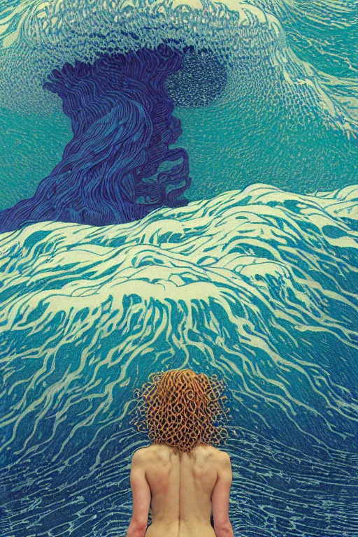 Image similar to a sea witch summoning a giant wave by dan mumford and gustav klimt and john harris and jean delville and victo ngai, highly detailed, photorealism, hyperrealistic