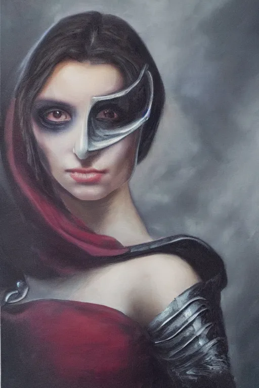 Image similar to hyperrealism oil painting, close - up portrait of european medieval brunette vampire fashion model, knight, steel gradient mixed with nebula sky, in style of baroque