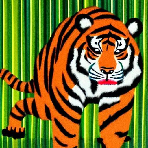 Prompt: tiger running on the razor edge, intricate, highly detailed night, rainy bamboo grove, pixel art, award winning