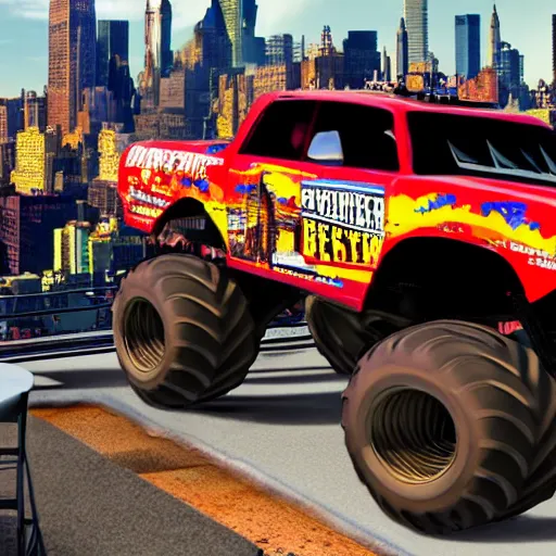 Prompt: monster truck with new york in the background, hyperrealistic, detailed, cinematic, detail