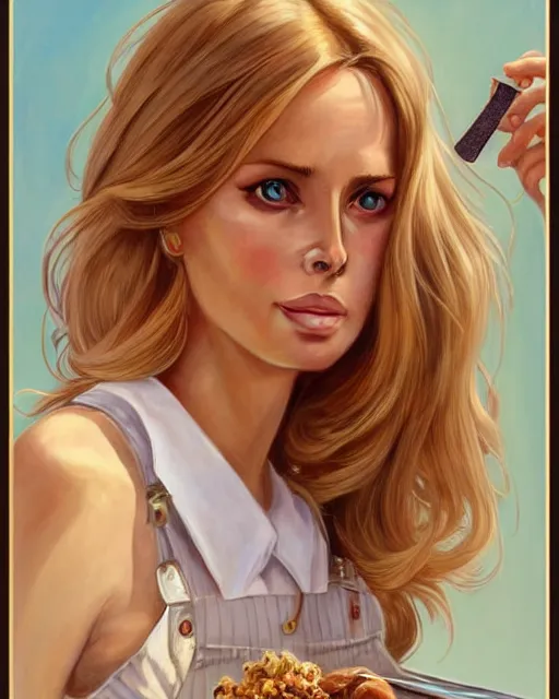 Image similar to portrait of a blonde barbara bach from the bond film wearing dungarees and eating ice creams in porto, real life skin, intricate, elegant, highly detailed, artstation, concept art, smooth, sharp focus, art by artgerm and greg rutkowski and alphonse mucha