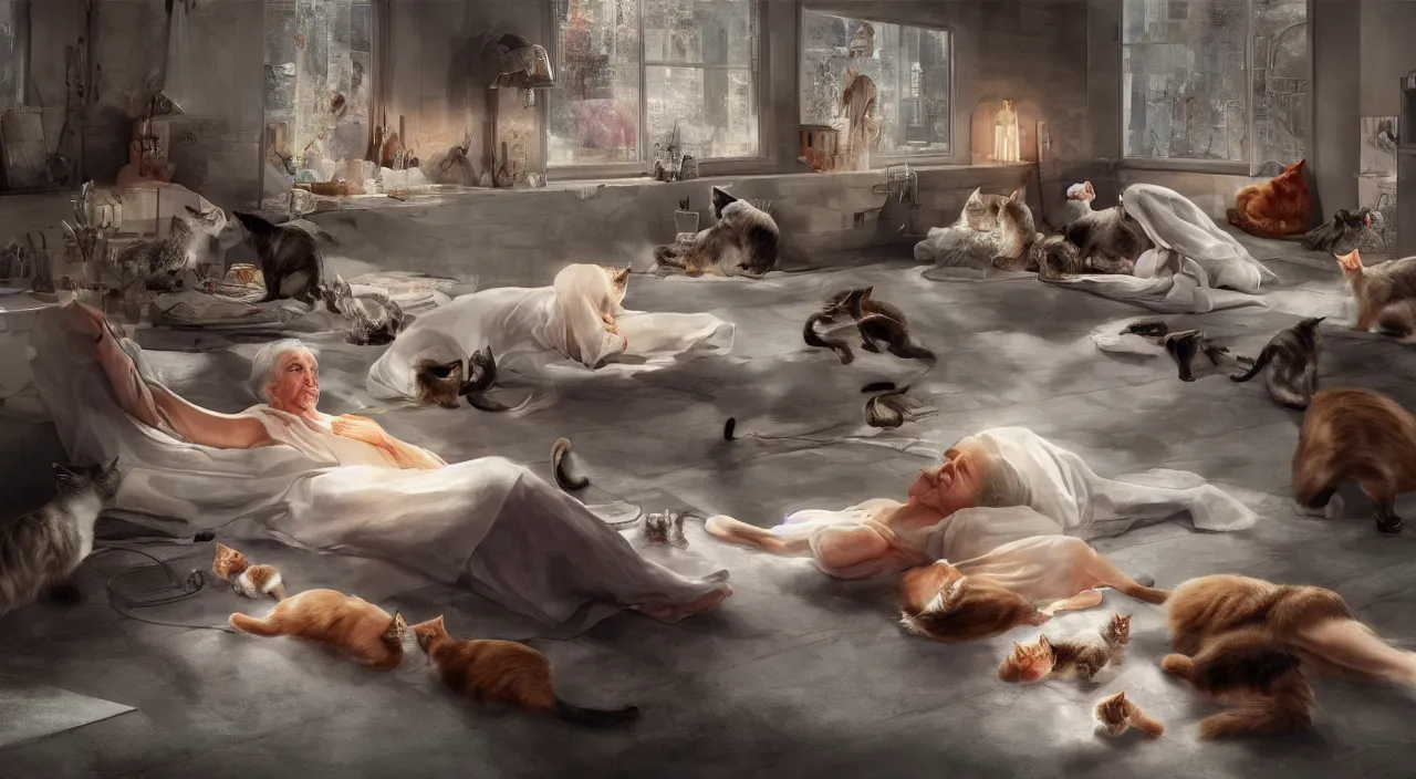 Image similar to a matte painting of old lady laying on a floor surrounded by cats by Frank Lloyd Wright and Zaha Hadid torch volume light stylized illustration digital airbrush painting, 3d rim light, hyperrealistic masterpiece, artstation, cgsociety, kodakchrome, golden ratio