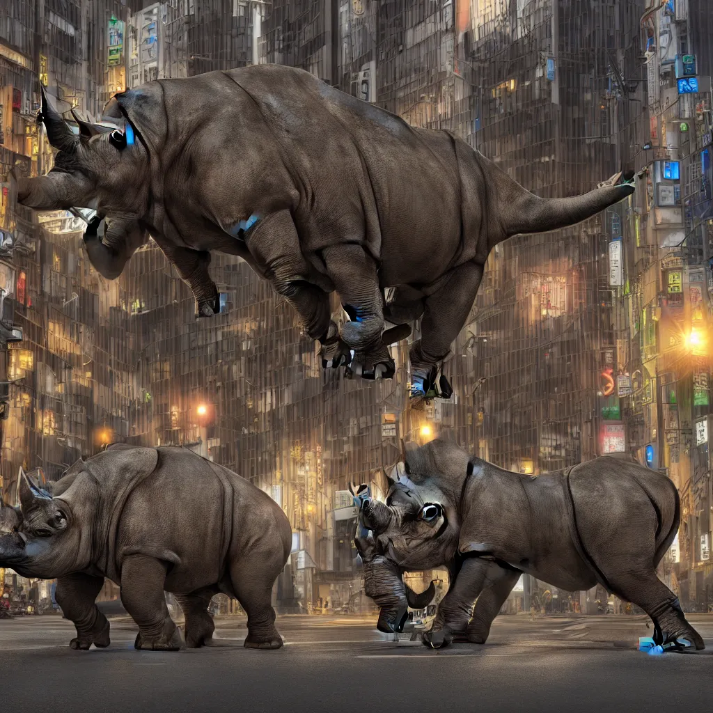 Image similar to photograph of a mechanical rhinoceros charging down a city street in Tokyo, ornamental,photorealistic, elaborate, highly detailed, ornate, shiny, dramatic lighting, octane render, style by John Salt,