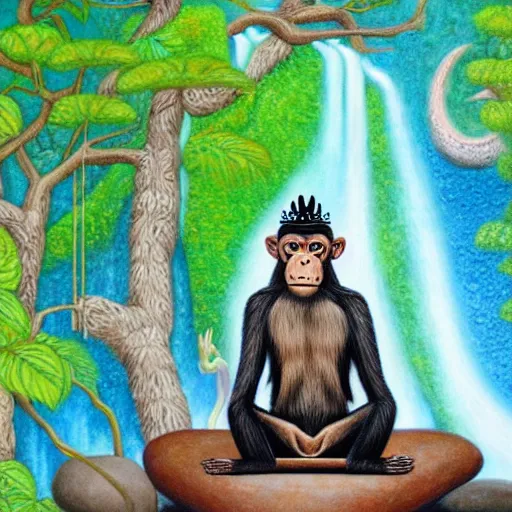 Image similar to an anthromorphic monkey man wearing a crown meditating in a zen garden with a waterfall, by amanda clark and amanda sage in a psychedelic style, oil on canvas