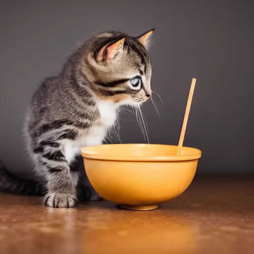 Image similar to a cute kitten eating ramen noodles from a bowl, award winning photography, studio lighting, 8k, 4k, ultrarealistic details