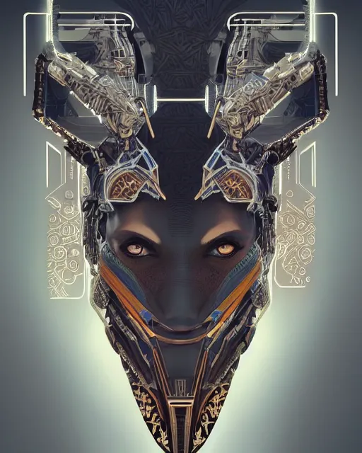 Image similar to symmetry!! portrait of a machine from horizon zero dawn, machine face, decorated with egyptian motifs, intricate, elegant, highly detailed, digital painting, artstation, concept art, smooth, sharp focus, illustration, art by artgerm and greg rutkowski and alphonse mucha, 8 k