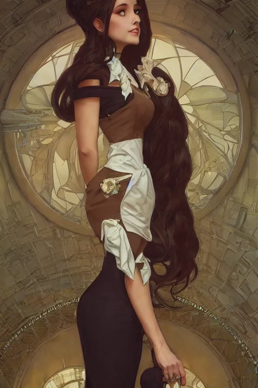 Image similar to evil cottagecore Ariana Grande , business chic attire, office setting, intricate, elegant, highly detailed, digital painting, artstation, concept art, smooth, sharp, focus, illustration, art by artgerm and greg rutkowski and alphonse mucha