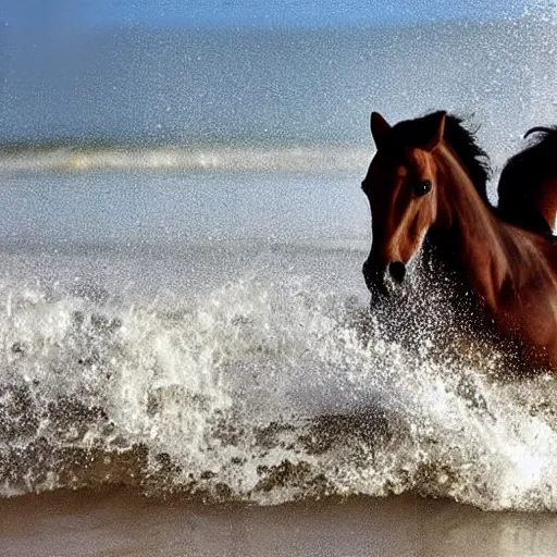 Prompt: close up of horses running through the waves on a beach with water splashing up, cinematographic shot, cartoon