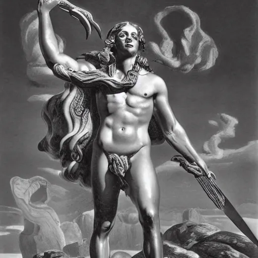 Image similar to bismuth by max dupain, by adolf hiremy - hirschl playful, fine. a digital art of hercules after he has completed one of his twelve labors, the killing of the hydra. he is standing over the dead hydra, covered in blood clutching a sword that slew the beast. his face is expressionless.