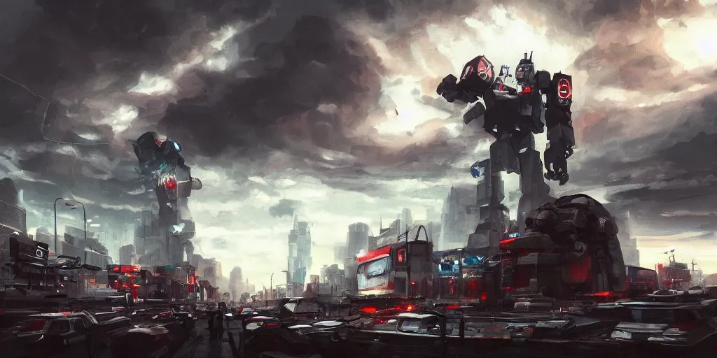 Image similar to a giant robot attacks a science - fiction city, ominous sky, federico pelat, evening, artstation