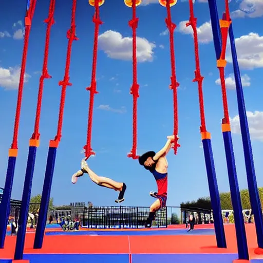 Prompt: huge bold beautiful number six!!!! made from ninja warrior competition obstacles , hyper-realistic, ultradetails, intricate by mc esher and René Magritte