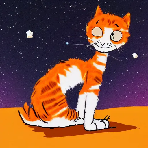 Prompt: A fuzzy orange cat sitting on planet earth, space with stars in the background, trending on artstation, 3D animation, in the style of Calvin And Hobbes