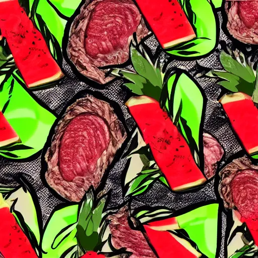 Prompt: meat made from pineapple, sausage and watermelon in digital art style, 8k, ps5