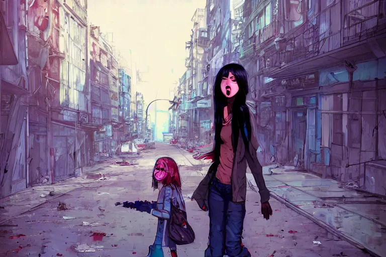 Image similar to urban school zombie girl in tattered clothes with a city street of Buenos aires in the background, dark blue long hair, muted colors, matte print, pastel colors, ornate, digital art, cute smile, digital painting, fan art, elegant, pixiv, by Ilya Kuvshinov, by Studio Ghibli