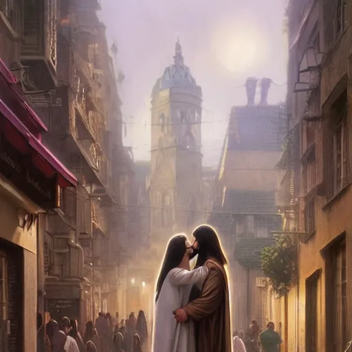 Image similar to jesus kissing a woman in a street, elegant, highly detailed, digital painting, artstation, concept art, matte, sharp focus, highly detailed, 4 k, hdr, smooth, sharp focus, high resolution, award - winning photo, photorealistic, art by artgerm and greg rutkowski and alphonse mucha, large shot