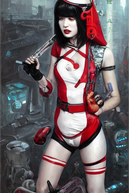 Prompt: cute covid - 1 9 nurse girl holding a syringe, wearing bikini nurse armor, black and white and red catsuit, cyberpunk, dc comics, gothic, by tom bagshaw and alphonse mucha and moebius and artgerm and and greg rutkowski and hajime soriyama, ultra detailed, hyper realistic, octane render, trending on artstation