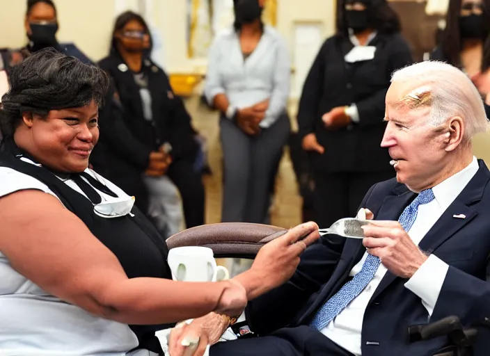 Image similar to Biden in a wheelchair getting spoon-fed by obese black woman, nursing home, award winning cinematic photography, 50 mm, blurred background, trending on twitter