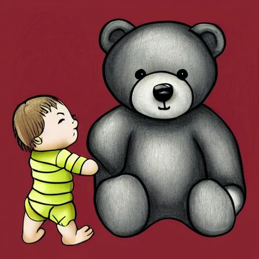 Image similar to drawing of a bear playing with a baby human doll. digital art. high quality. high fidelity