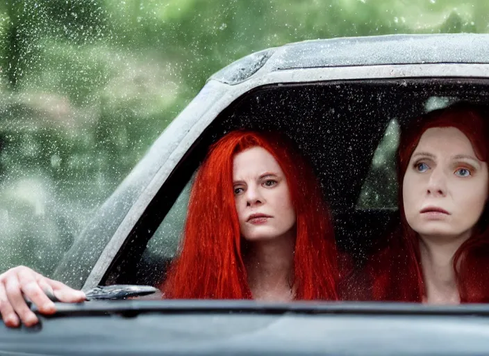 Image similar to A very high resolution image from a new movie, inside of a car, red hair woman, raining, hot, directed by wes anderson