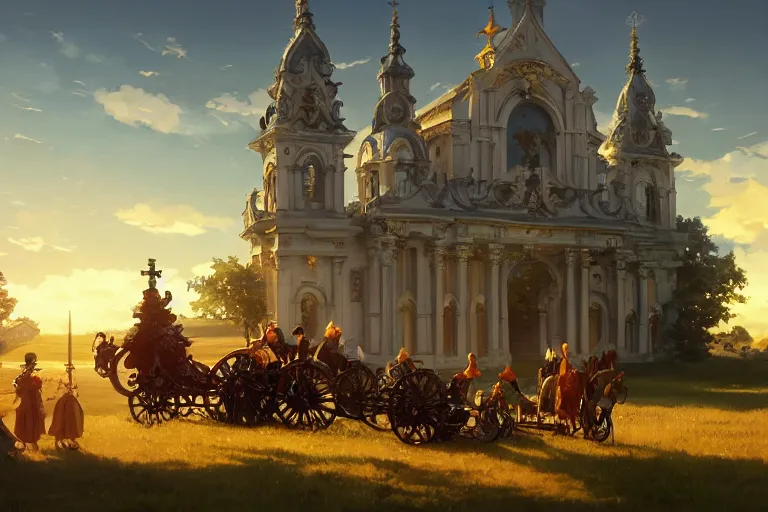 Prompt: an mobile ornate baroque church on chain wheels, scene in an open field. key visual, conceptart, ambient lighting, highly detailed, digital painting, artstation, concept art, sharp focus, by makoto shinkai and akihiko yoshida and greg manchess