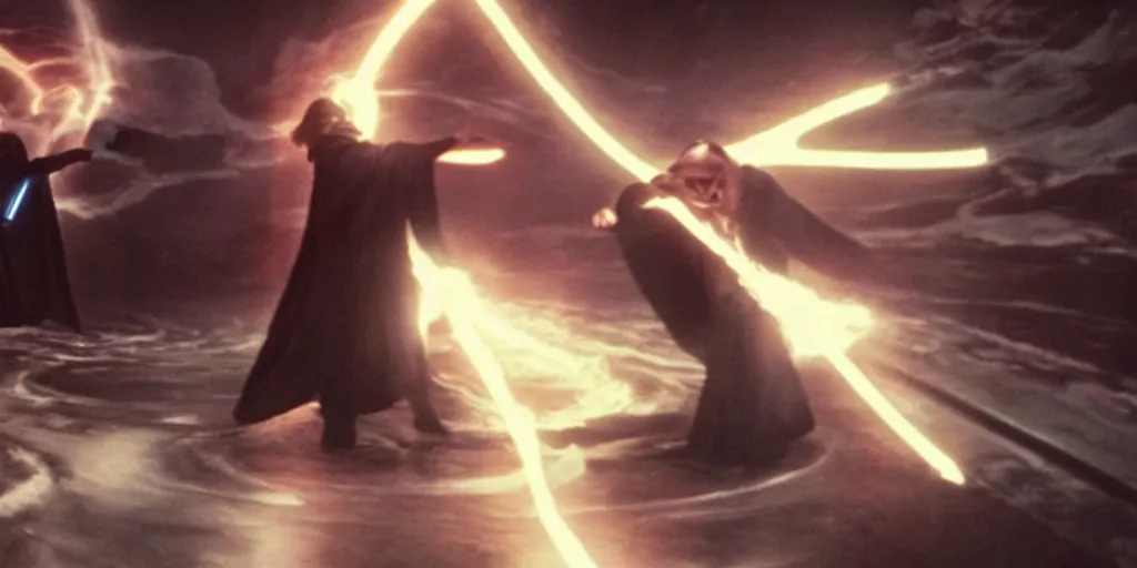 Image similar to screenshot of a dark sith lord in a robe with electricity fighting Luke Skywalker, on a planet of maelstrom,, chaos, the world without form and void, 1970s film by Stanley Kubrick, iconic scene, stunning cinematography, hyper detailed, sharp, anamorphic lenses, kodak color, 4k, stunning