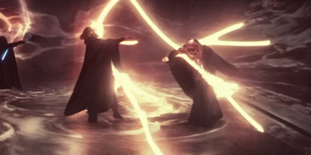 Prompt: screenshot of a dark sith lord in a robe with electricity fighting Luke Skywalker, on a planet of maelstrom,, chaos, the world without form and void, 1970s film by Stanley Kubrick, iconic scene, stunning cinematography, hyper detailed, sharp, anamorphic lenses, kodak color, 4k, stunning