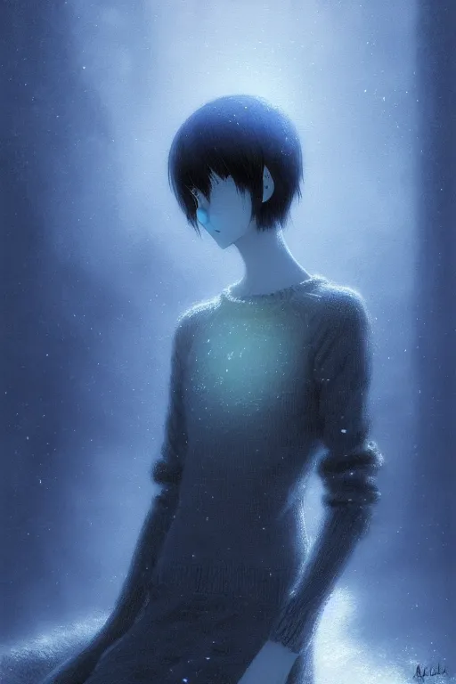 Image similar to portrait of the sapphire herald in an elegant winter sweater, by makoto shinkai, by akihiko yoshida, by zdzislaw beksinski, by dariusz zawadzki, artbook, tone mapped, deep blues, shiny, soft lighting