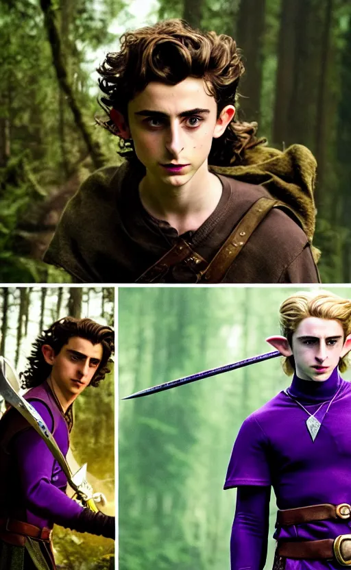 Prompt: Timothee Chalamet starring as Link from Legend of Zelda, movie scene, elf ears, long blonde hair, +++ super super super dynamic posing, thick eyebrows, super serious facial expression, holding a sword & shield, ocarina of time movie, concept photos, dynamic lighting, dynamic shaders, purple light, in the forest