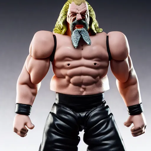 Prompt: Full body shot of a highly detailed flexible Triple H vinyl plastic figurine as a villain, highly detailed face, white background, 3d, high quality, depth of field, high contrast, 8k, concept art, smooth, sharp focus, highly detailed, wrestling, WWE