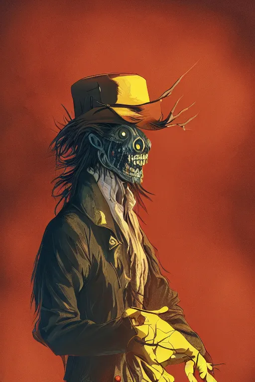 Image similar to the man in the yellow hat in sleepy hollow, full body, big two toned eyes, teeth gritted, horror, intricate details, cinematic, epic, realistic, anatomy, tomer hanuka, uplight, artstation, photorealistic, scary