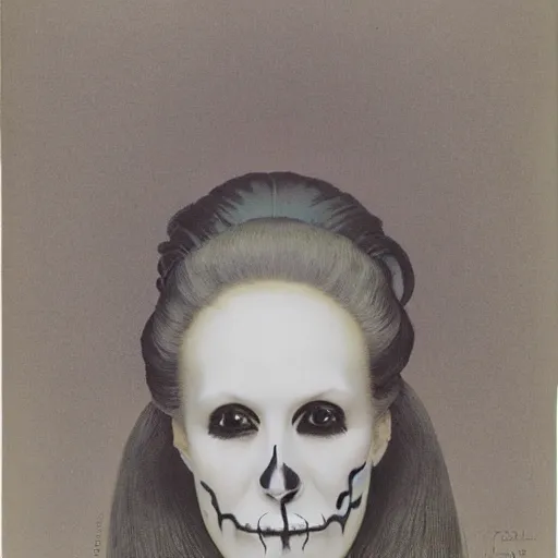 Prompt: portait of a woman wearing black and white skull facepaint by Maxfield Parrish