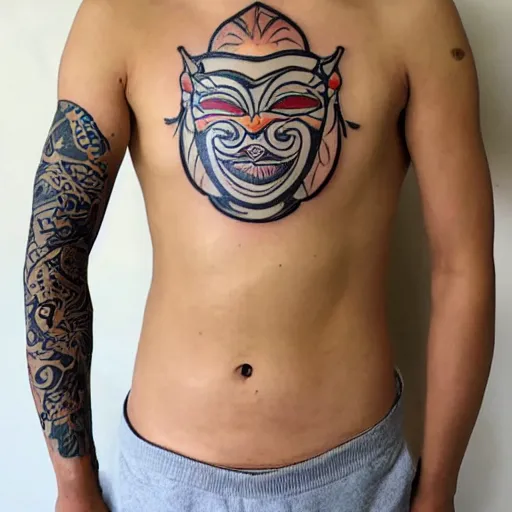 Prompt: 8 k, uhd, 1 9 4 7 shirtless asian tatto guy, use wear topeng sunda mask, highly details form