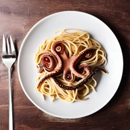 Image similar to an octopus on top of a plate of spaghetti, professional photography