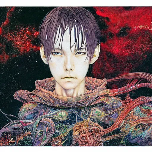 Image similar to simple concept art portrait of, ‘ the alien ’. an award winning yoshitaka amano digital art poster, by james gurney and gerhard richter. art by takato yamamoto. masterpiece, rich colours.