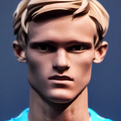 Image similar to a realistic detailed photo of a guy who is an attractive humanoid who is half robot and half humanoid, who is a male android, soccer player martin ødegaard, shiny skin, posing like a statue, blank stare, in a living room, on display