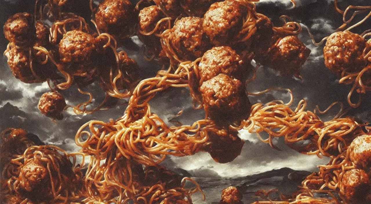 Image similar to 3 0 perfect woman bodies flying inside spaghetti bolognesa with meatballs and hundred rusted perfect woman bodies flying in stormy clouds by dali, hyper - realism