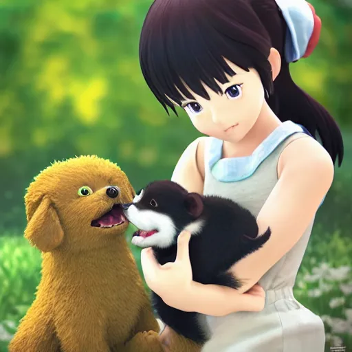 Image similar to Manga cover portrait of an extremely cute and adorable beautiful elated girl petting her new puppy, 3d render diorama by Hayao Miyazaki, official Studio Ghibli still, color graflex macro photograph, Pixiv, DAZ Studio 3D