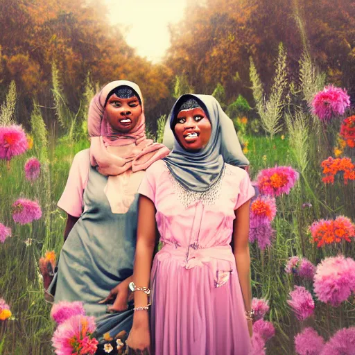 Image similar to somali friends, vintage, field of flowers, city bridge, beautiful, happy, dreamy, pastel, highly detailed, detailed faces, high focus, dreamy, pastel