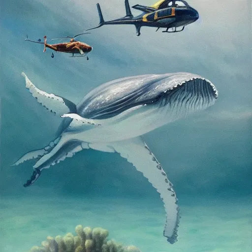 Prompt: an modern hyperrealistic painting, under the sea, helicopters flying underwater around a big whale